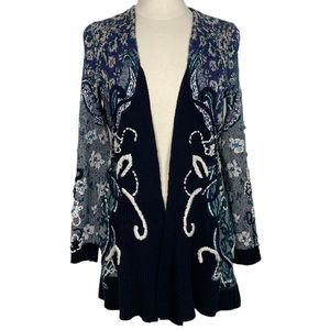 Anthropologie Navy and Cream Patterned Cardigan